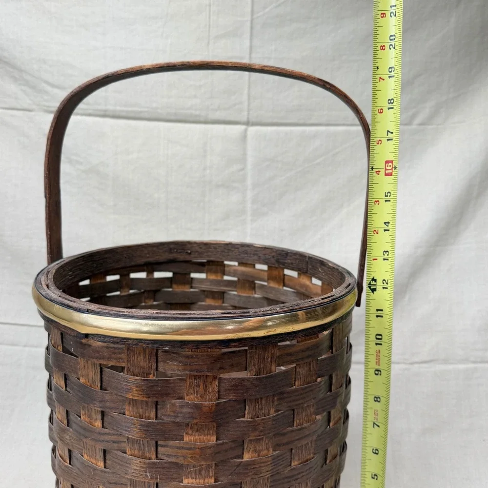 Vintage Woven Wood Waste Basket Brass Rim English Cottage Office Decor 1980s